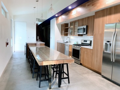 very large modern kitchen with island, cream wood 