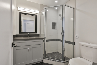 clean bathroom, large glass walk in shower 