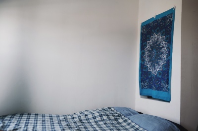 Blue Abstract design poster on wall, bedroom 